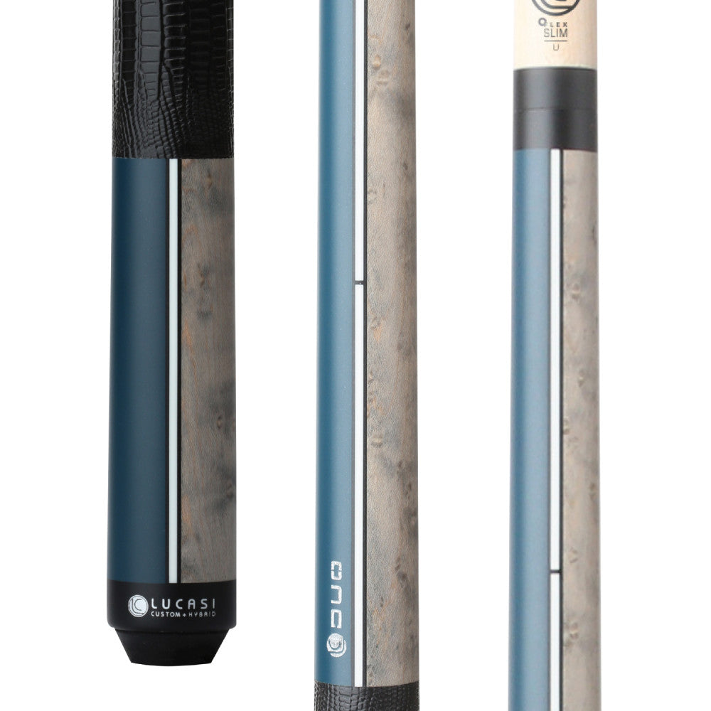 Lucasi Custom Duo Midnight Blue/Grey Wash Birdseye Cue with Embossed Leather Wrap